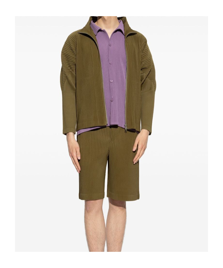 Issey Miyake Olive Green Zip-up Jacket With Ribbed Texture In Green