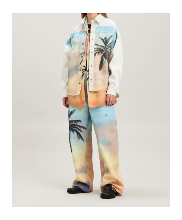 Palm Angels Sunrise Palm Denim Overshirt Off White - In Beige