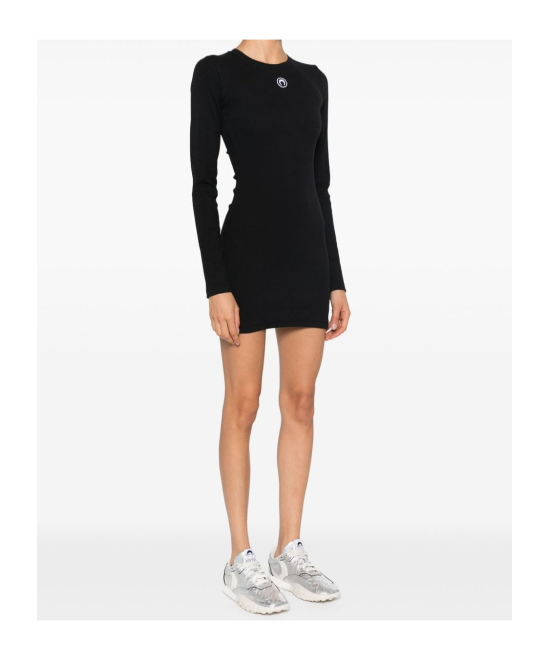 Marine Serre Fitted Black Mini Dress With Long Sleeves And Round Neckline In Black