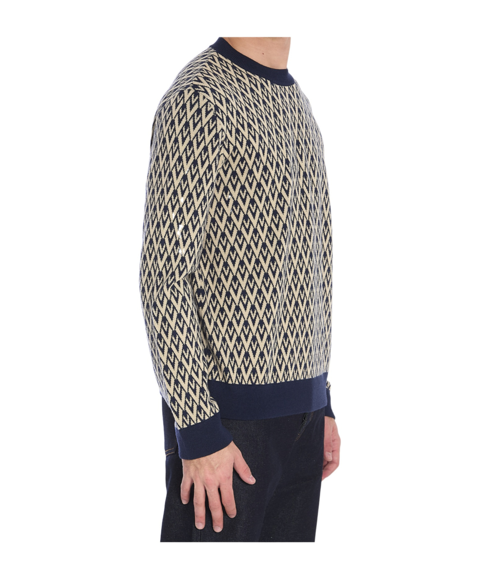 Valentino Crewneck Wool Jumper With Toute La V Jacquard Pattern In Black
