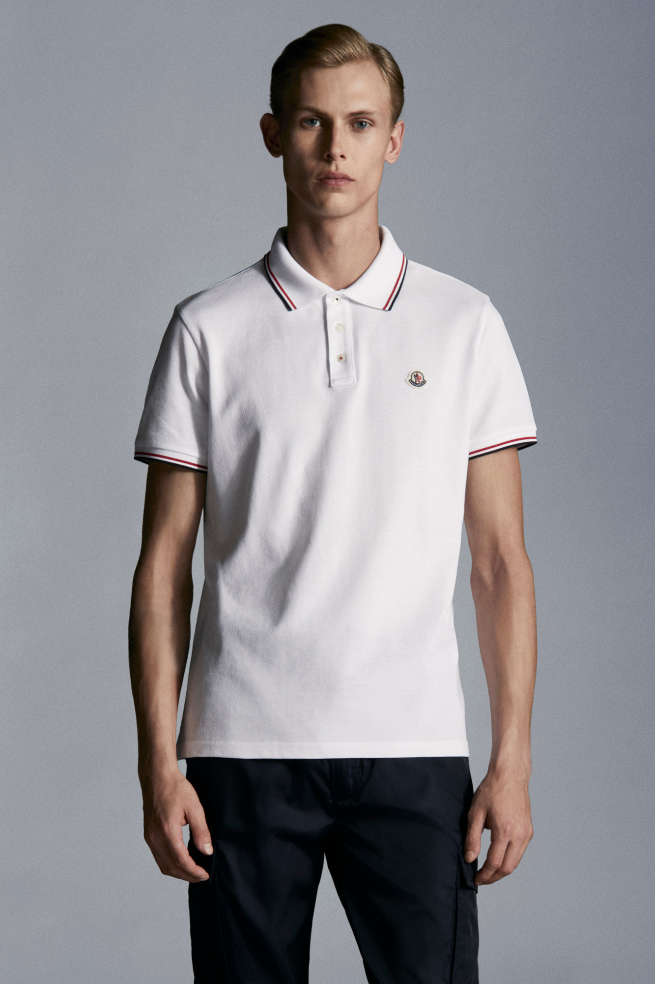 Moncler Classic White Cotton Polo With Signature Tri-color Trim In White