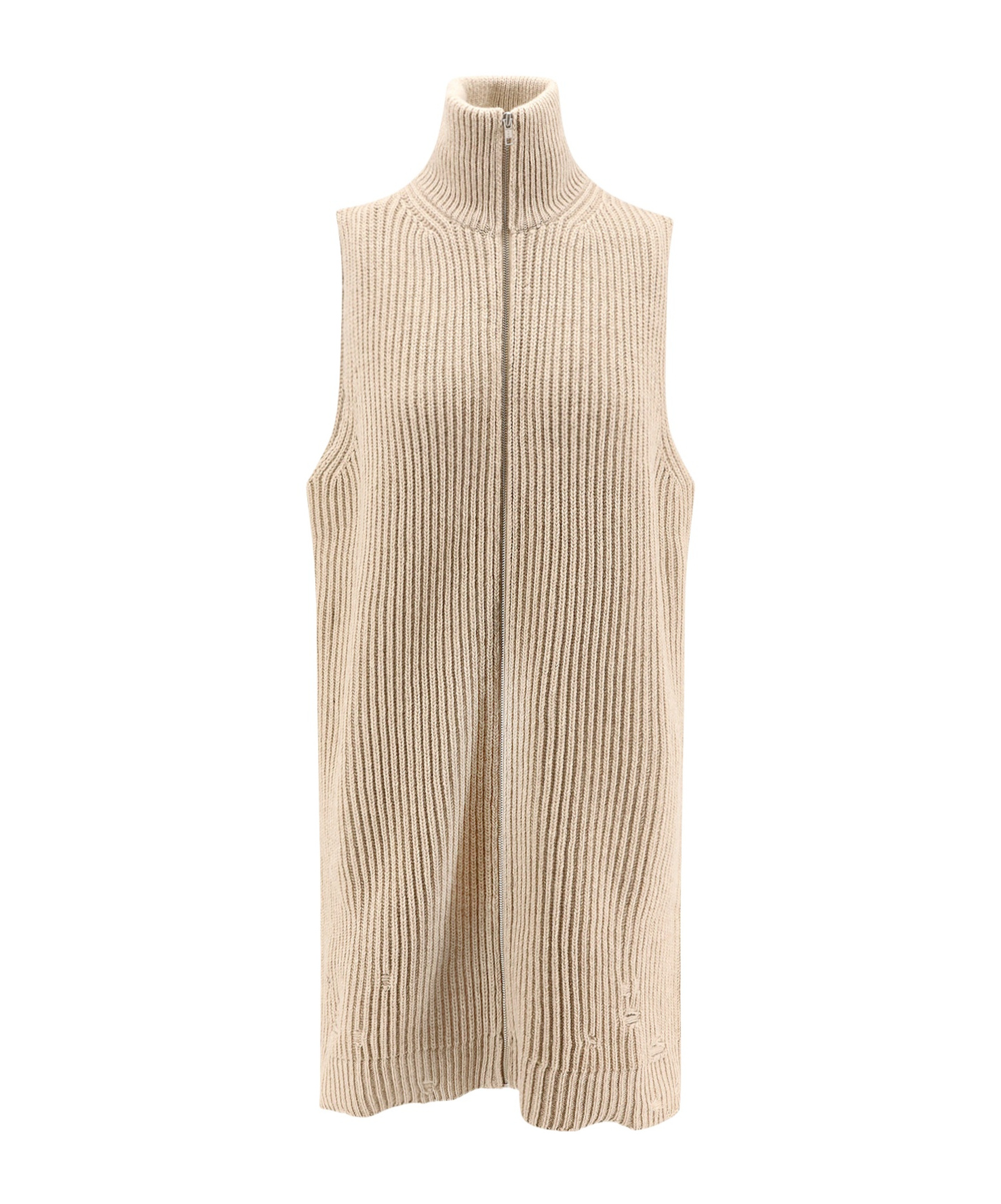 Mm6 Maison Margiela Sleeveless Long Wool Blend Cardigan With Distressed Effect In Neutral