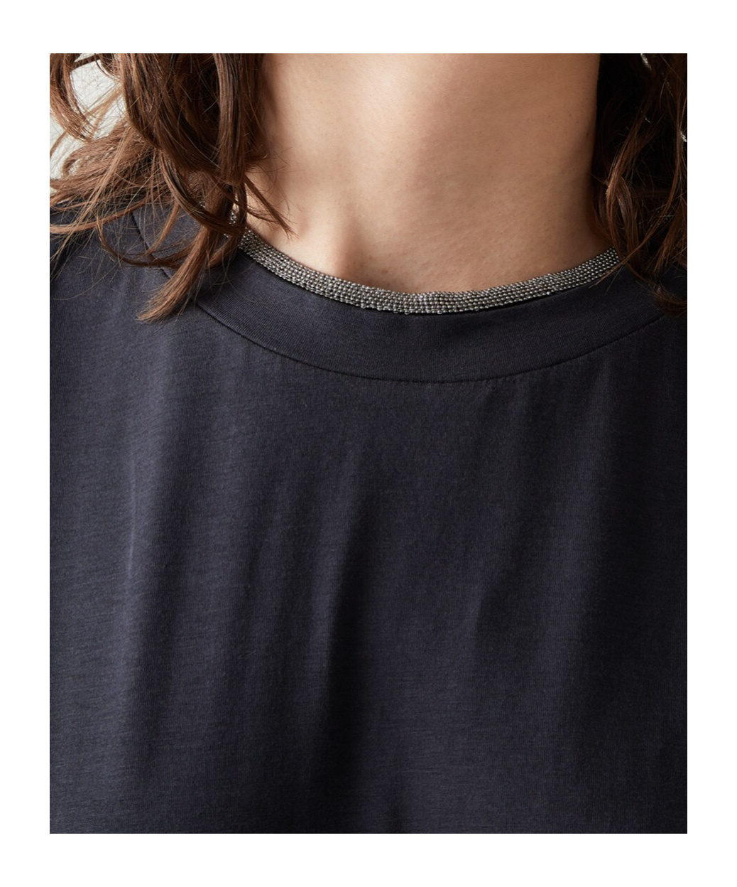 Brunello Cucinelli Blue Crewneck T-shirt With Monil Detail On The Collar And Rear Cut-out In Cotton Stretch Woman In Blue