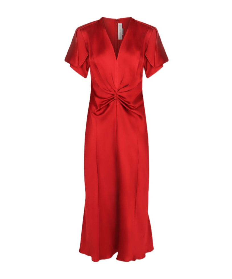 Victoria Beckham Midi Dress With V-neckline And Ruffled Sleeves In Red