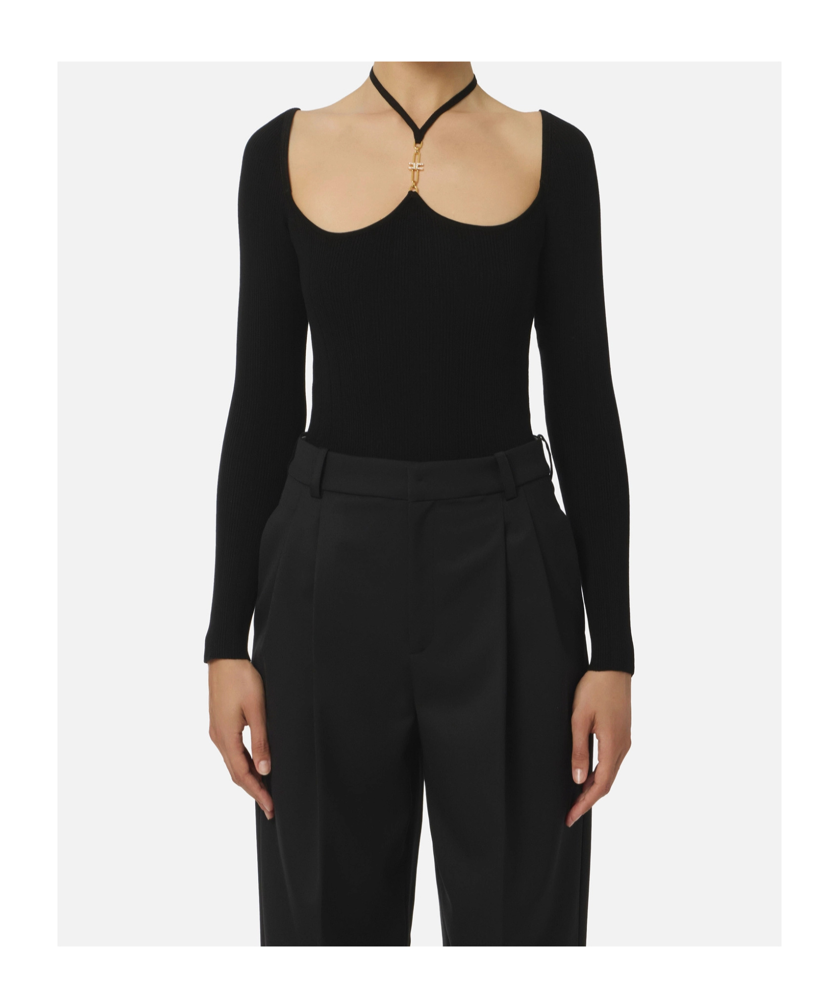 Elisabetta Franchi Bodysuit In Ribbed Knit Fabric With Openwork Details In Black