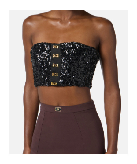 Elisabetta Franchi Top With Sequins And Jewel Clasps In Black