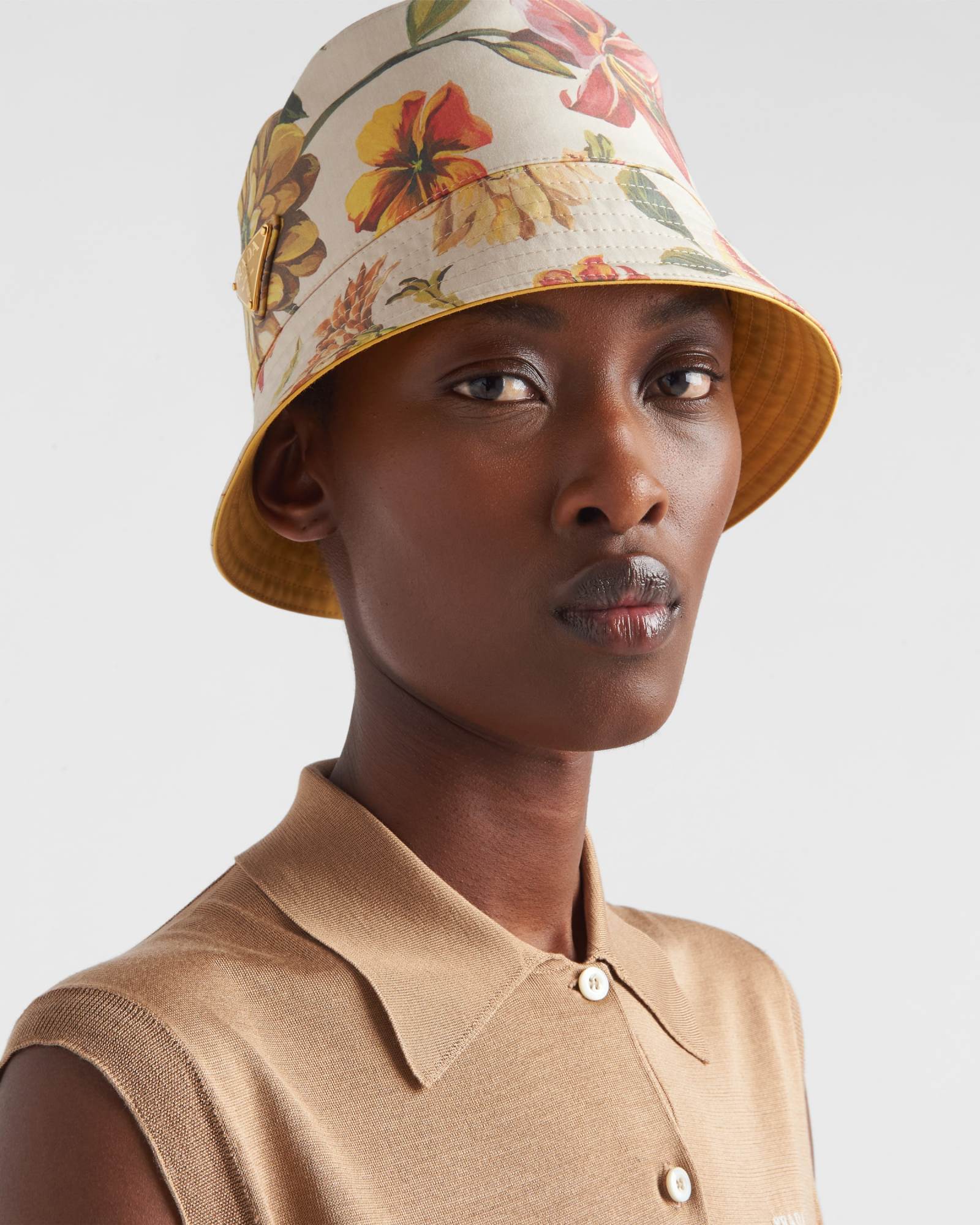 Prada Reversible Printed Cotton Bucket Hat In Nude