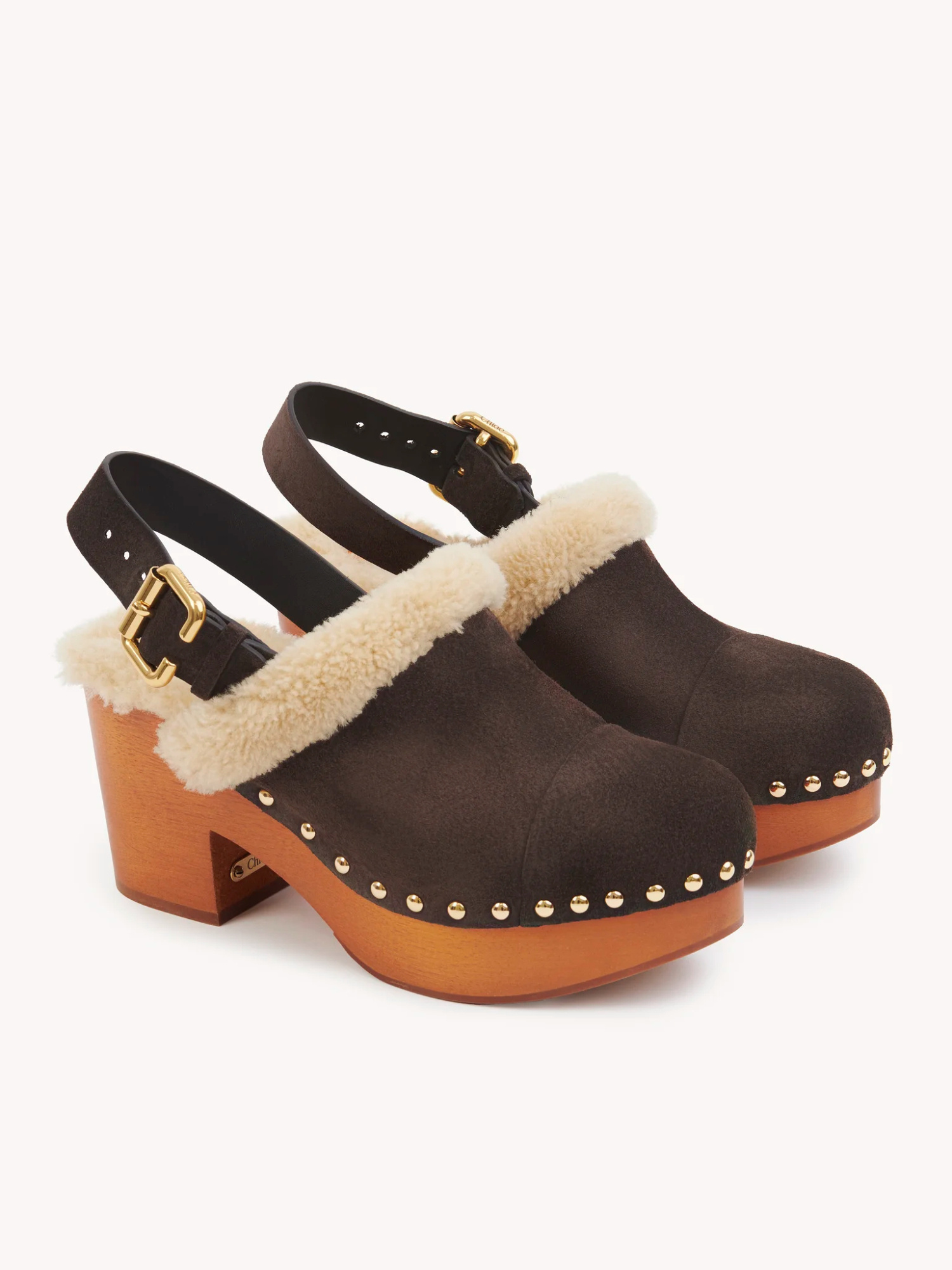 Chloé 80mm Shearling-trimmed Studded Clog In Brown