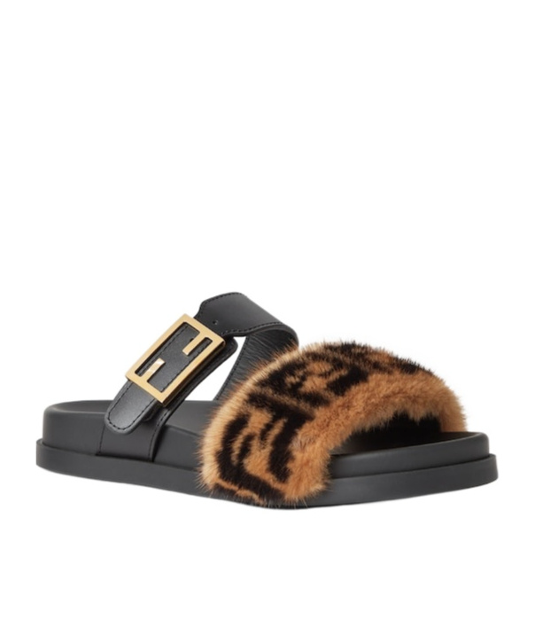 Fendi Black Leather And Mink Ff Slides In Black