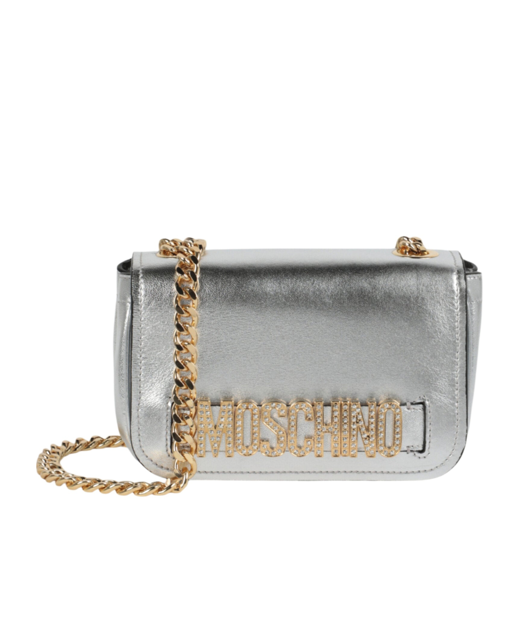 Moschino Crystal Decorative Logo Cross-body Bag In Gray