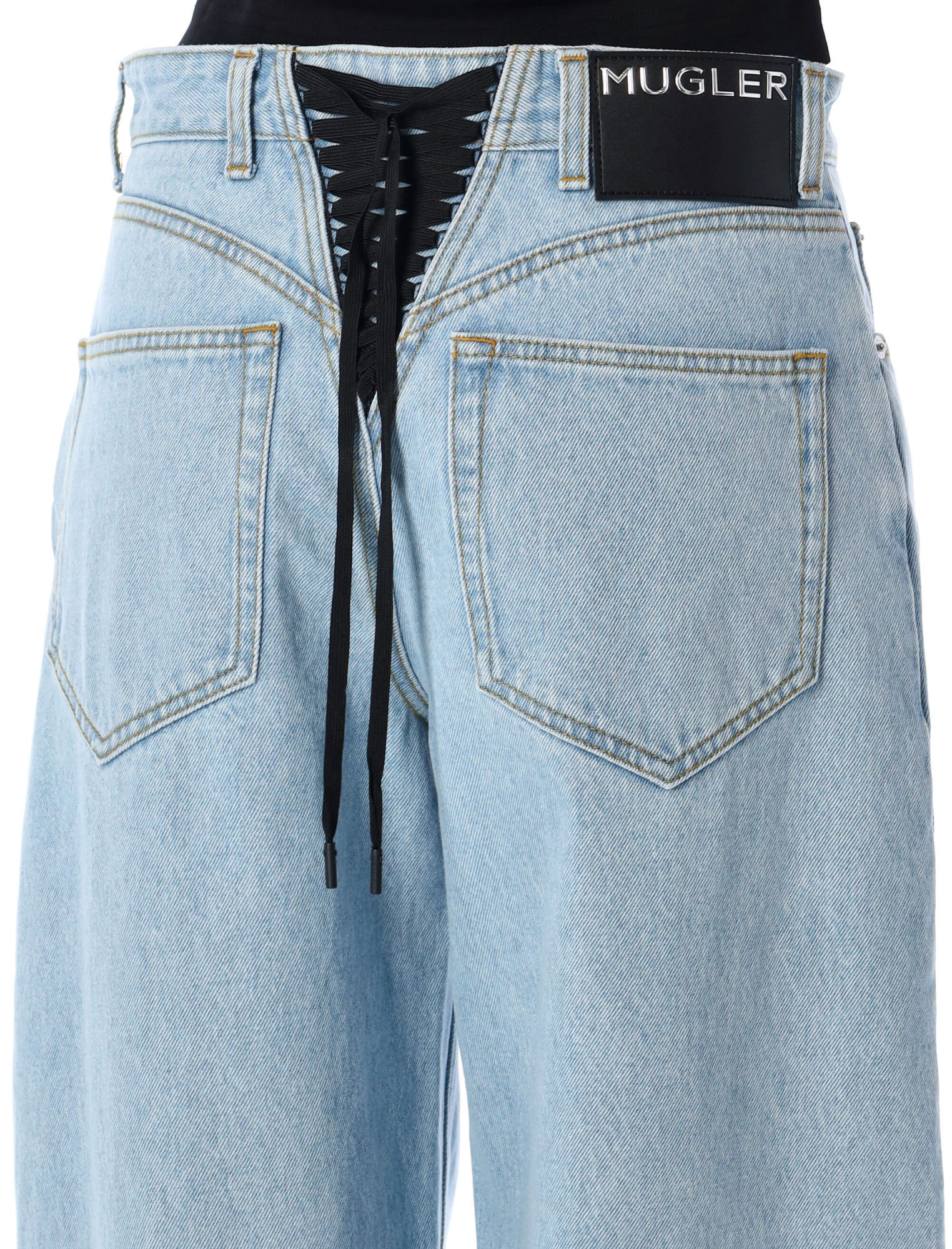 Mugler Lace-up Wide Leg Jeans In Blue