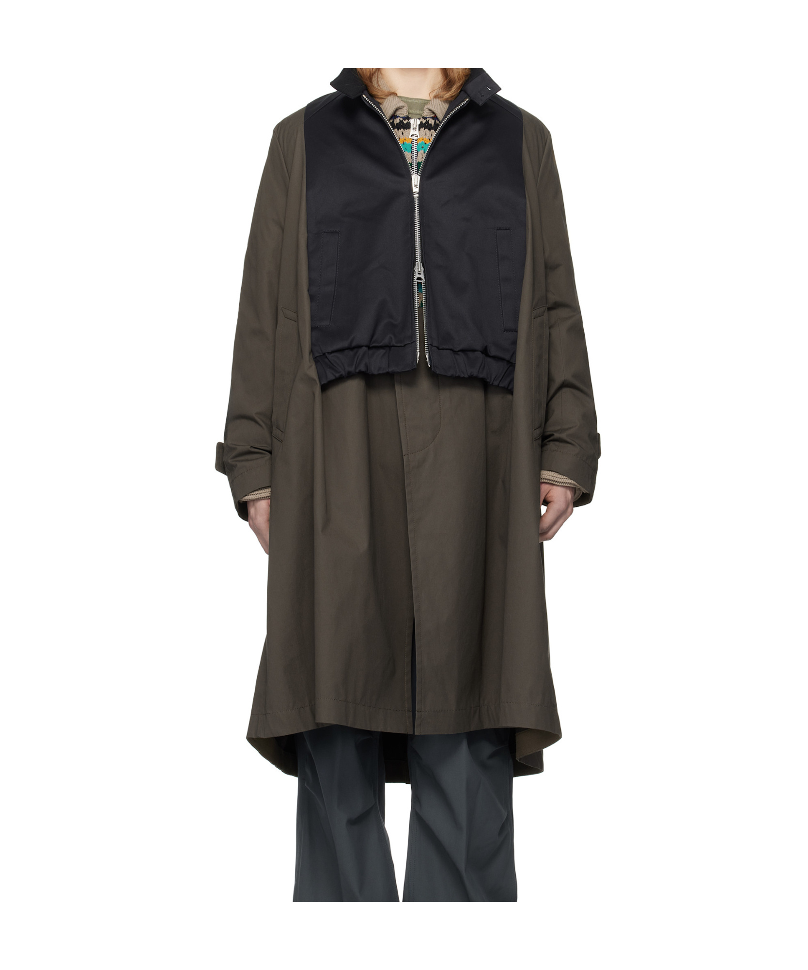 Sacai Khaki & Navy Cotton Chino X Gabardine Coat In Black
