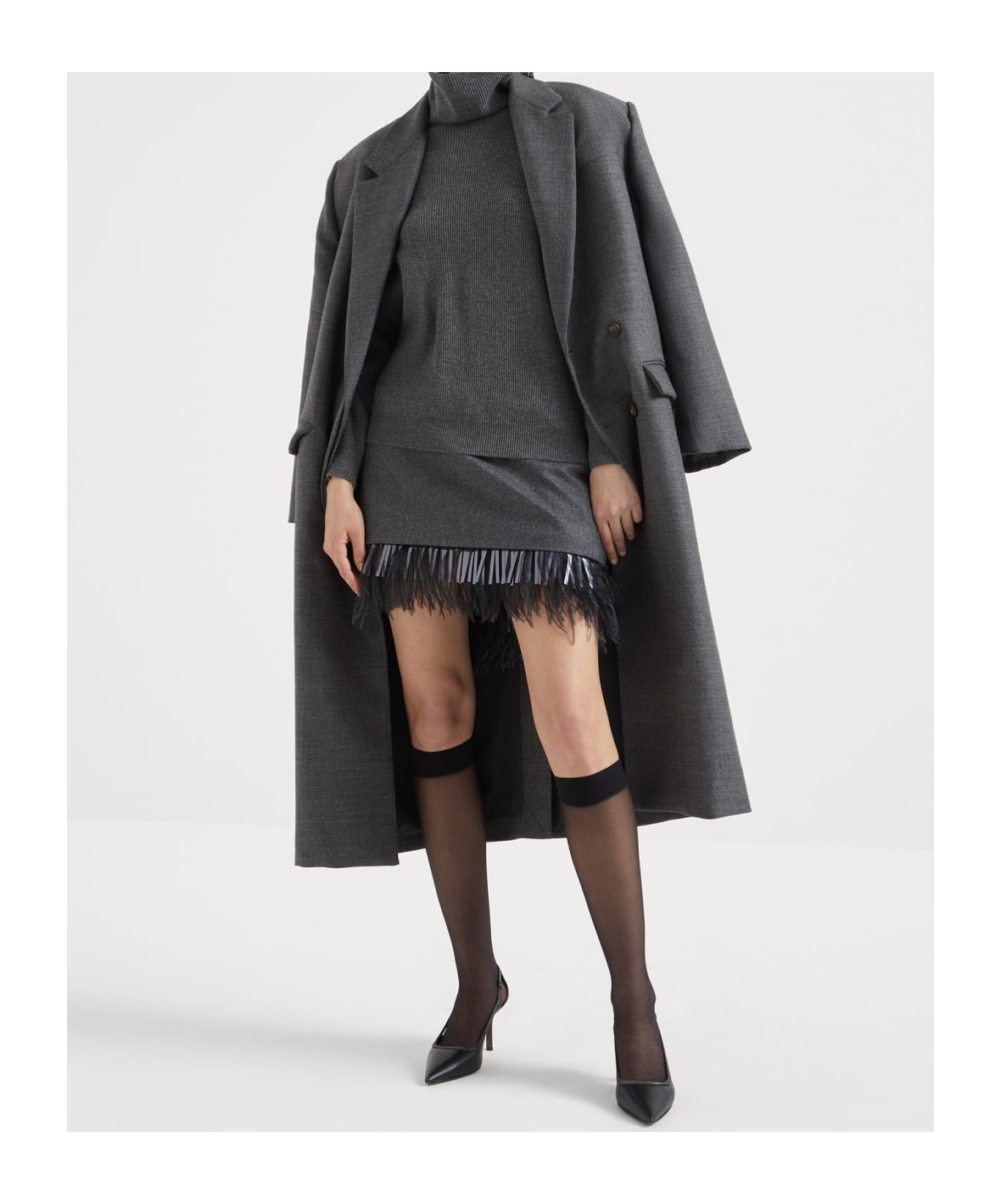 Brunello Cucinelli Feather-trim Wool-cashmere Flannel Mini Skirt In Black