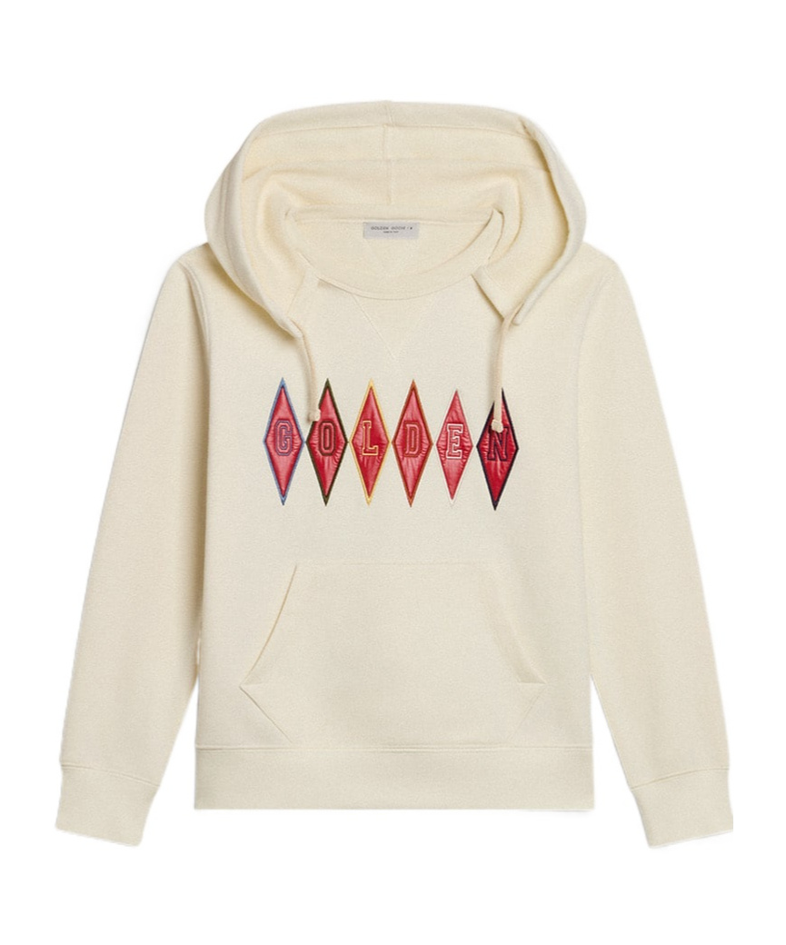 GOLDEN GOOSE HOODED SWEATSHIRT IN WORN WHITE WITH GOLDEN EMBROIDERY ON THE FRONT