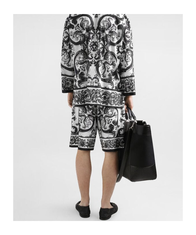 Dolce & Gabbana Maiolica Black And White Shorts With Elastic Drawstring Closure And All-over Print In Silk Man
