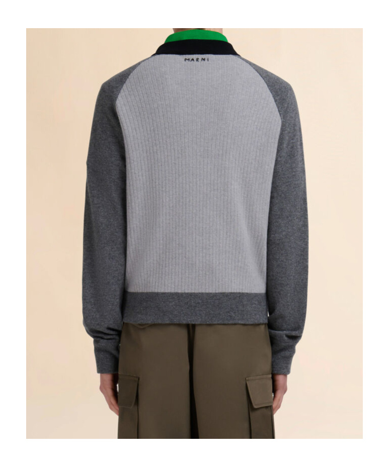 Marni Grey Wool Cardigan With Bomber Neck In Gray