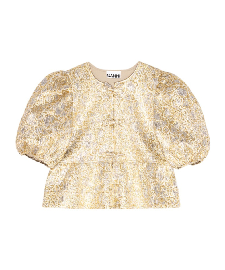 Shop Ganni Gold And Silver Peplum Tie String Blouse In Nude
