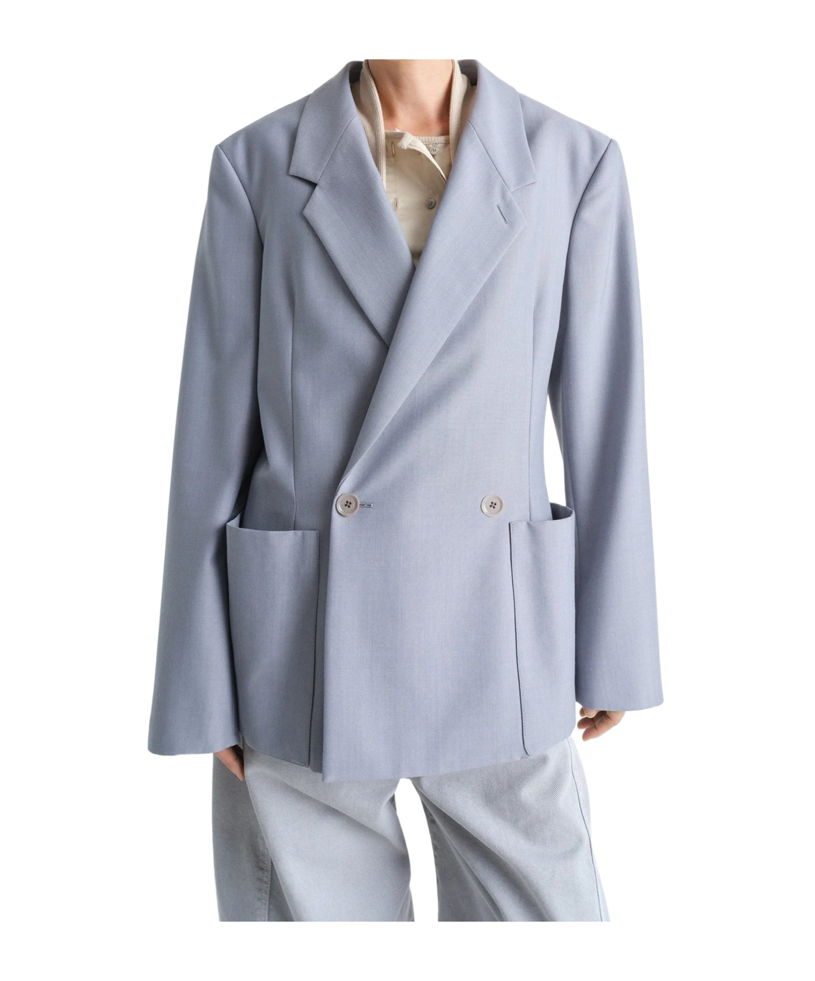 Lemaire Blue Double Breasted Tailored Blazer In Gray