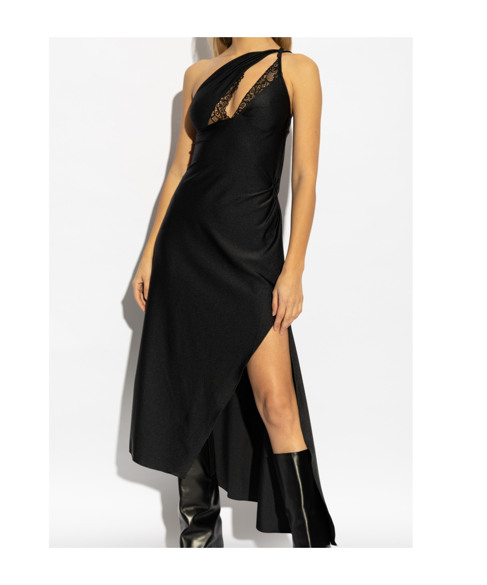 Coperni Asymmetric Black Satin Dress With Lace Details In Black