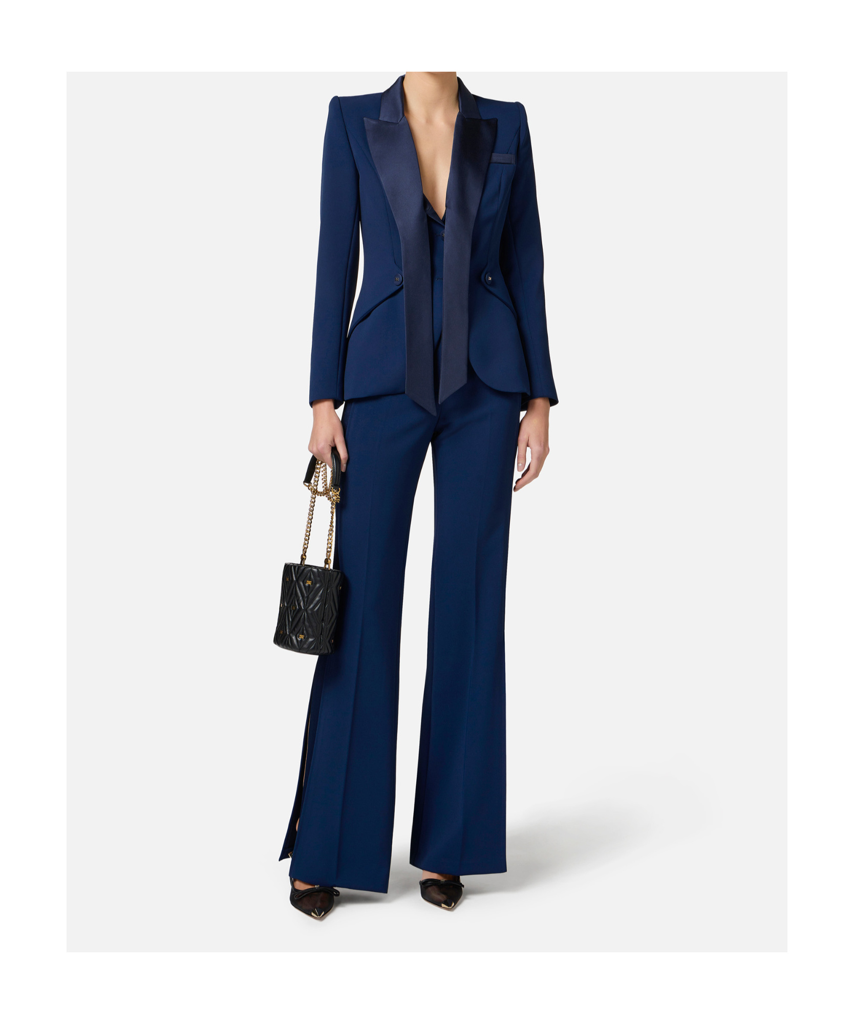 Elisabetta Franchi Satin Lapel Crepe Tuxedo Jacket In Blue