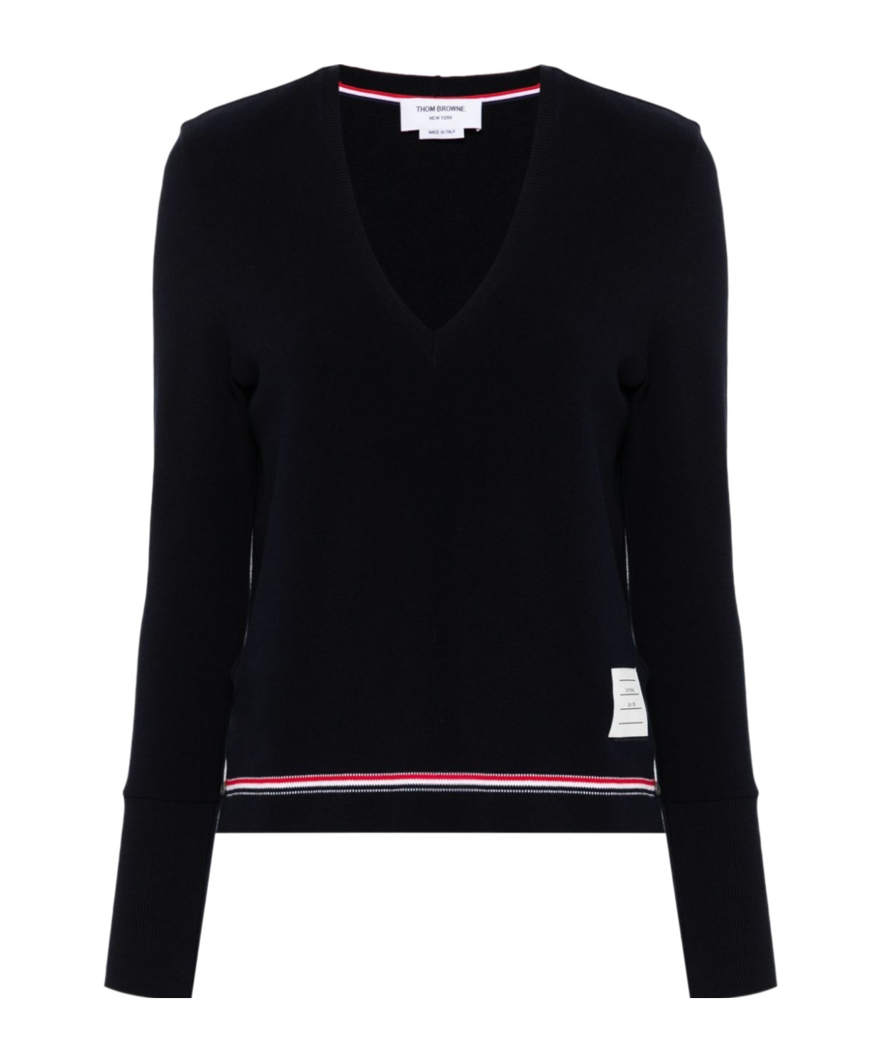 Thom Browne Cotton Pique V Neck Long Sleeve In Black