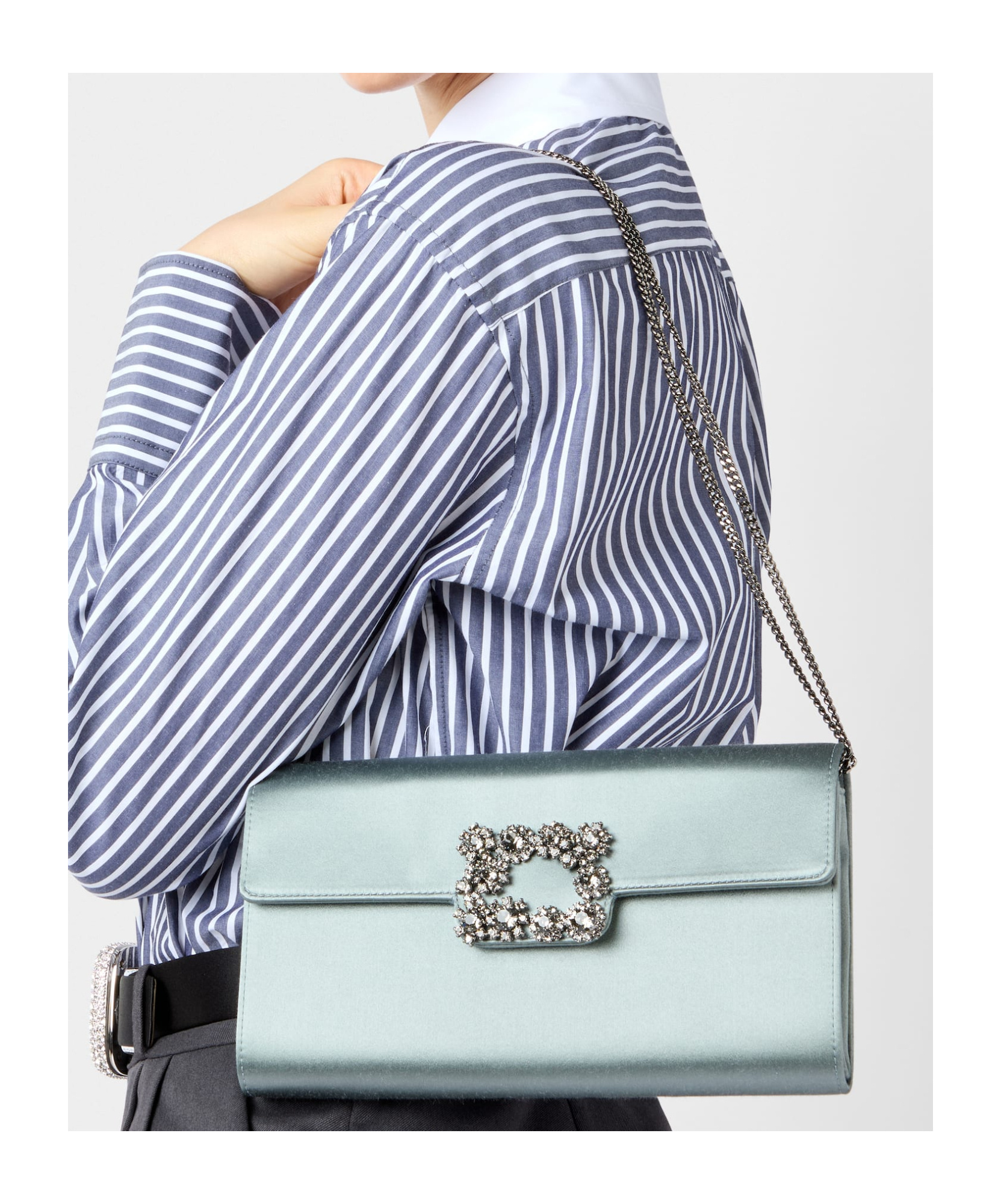 Roger Vivier Flower Buckle Envelope Flap Satin Clutch Bag In Gray