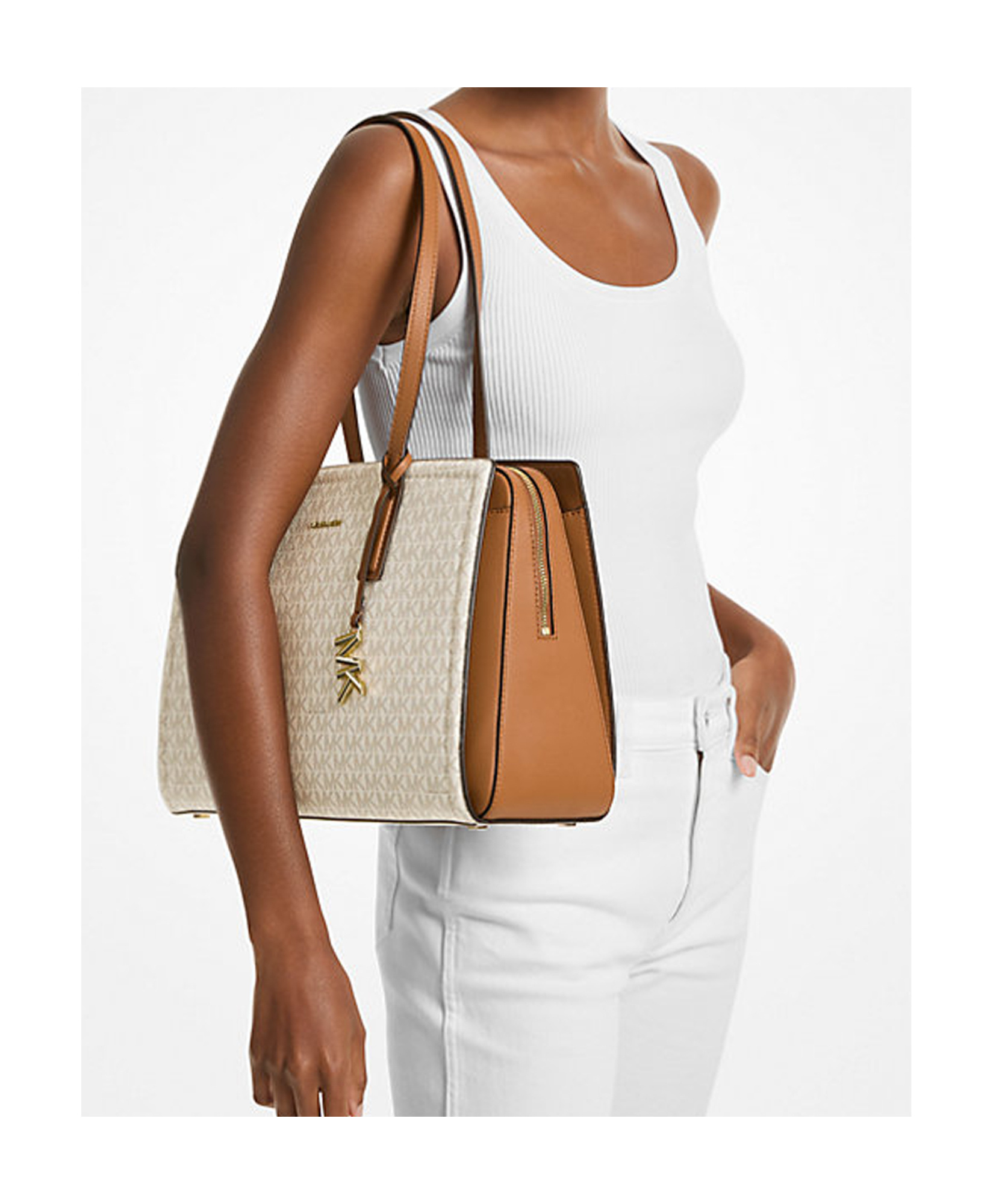 Michael Kors Laila Medium Signature Logo Tote Bag In Brown
