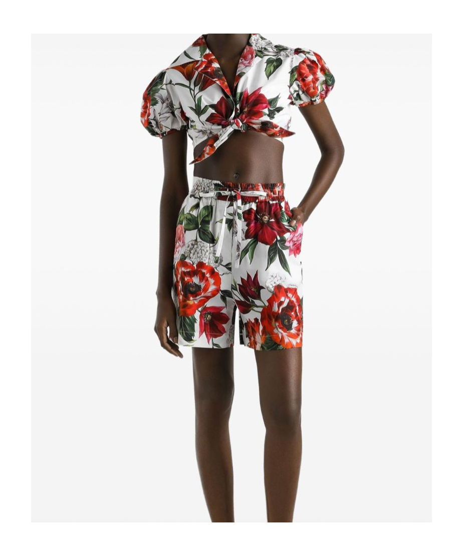 Dolce & Gabbana Anemone Floral Popeline Puff-sleeve Tie Crop Shirt