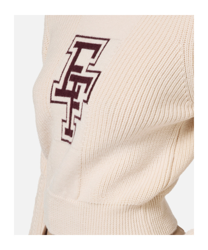 Elisabetta Franchi Chic Beige Long Neck Sweater With Burgundy Logo For Women In Nude
