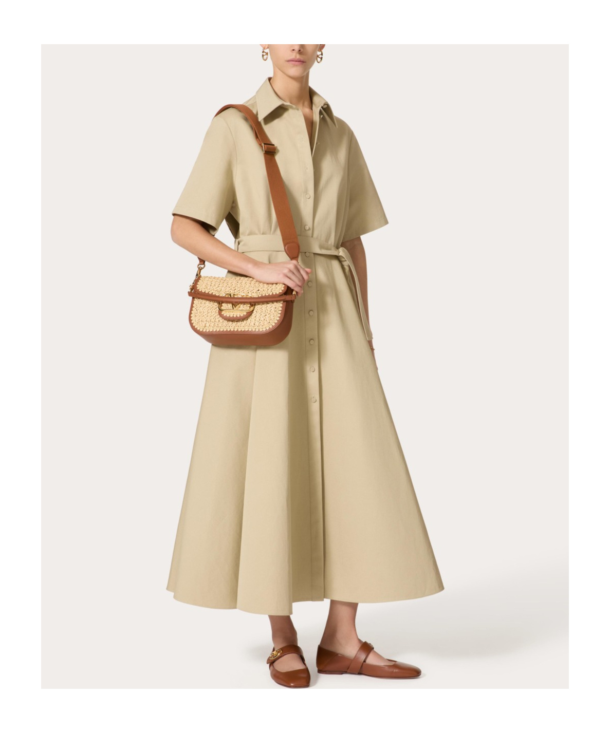 Valentino Cotton-linen V-detail Shirt Dress In Nude