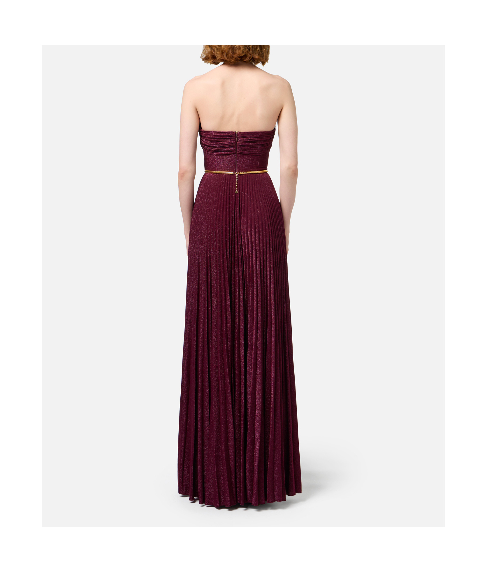 Elisabetta Franchi Pleated Lurex Jersey Red Carpet Dress With Belt In Red