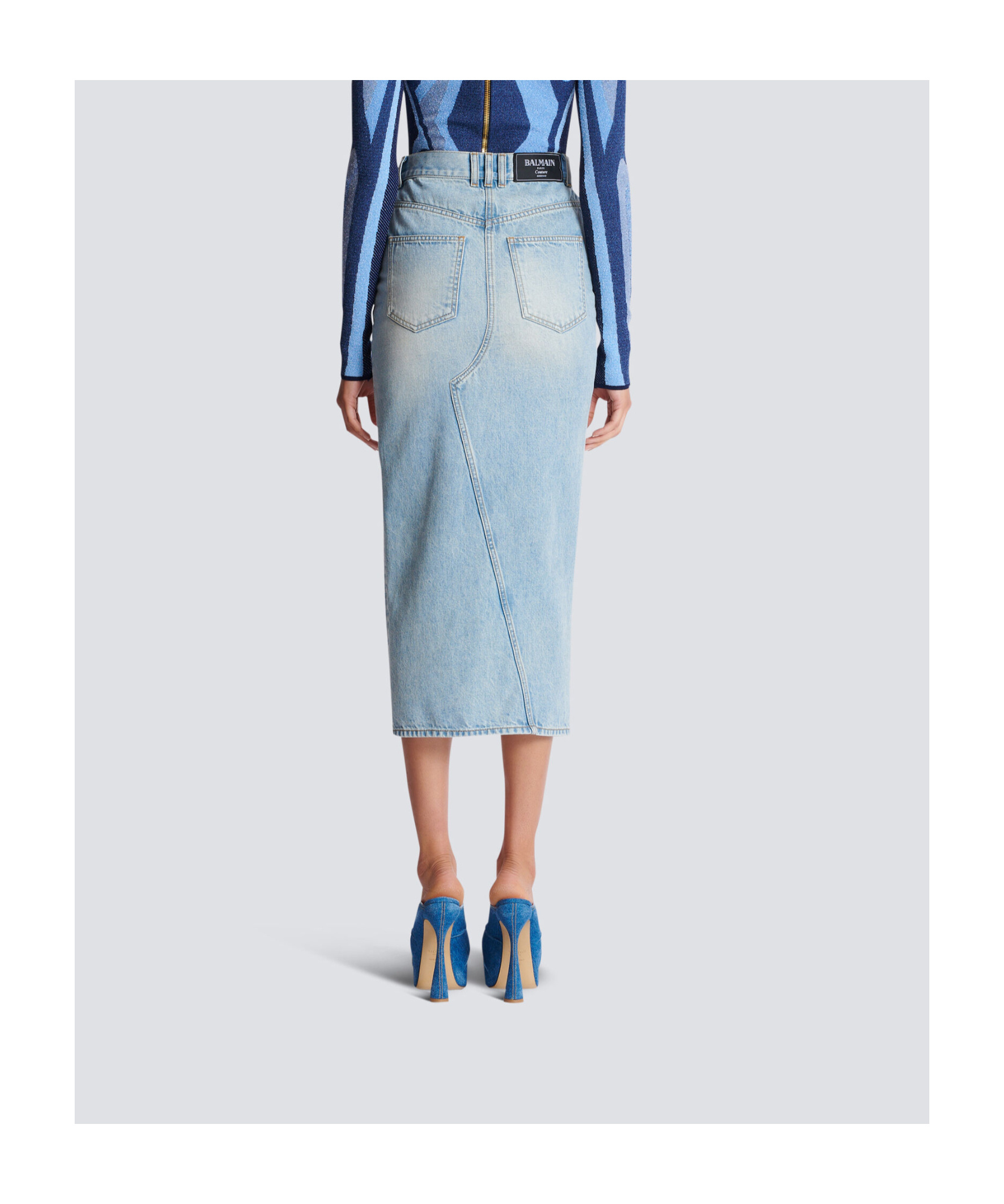 Balmain Midi Denim Skirt With Slit In Gray