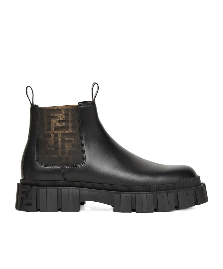 FENDI BROWN FF JACQUARD AND BLACK LEATHER CHELSEA BOOTS