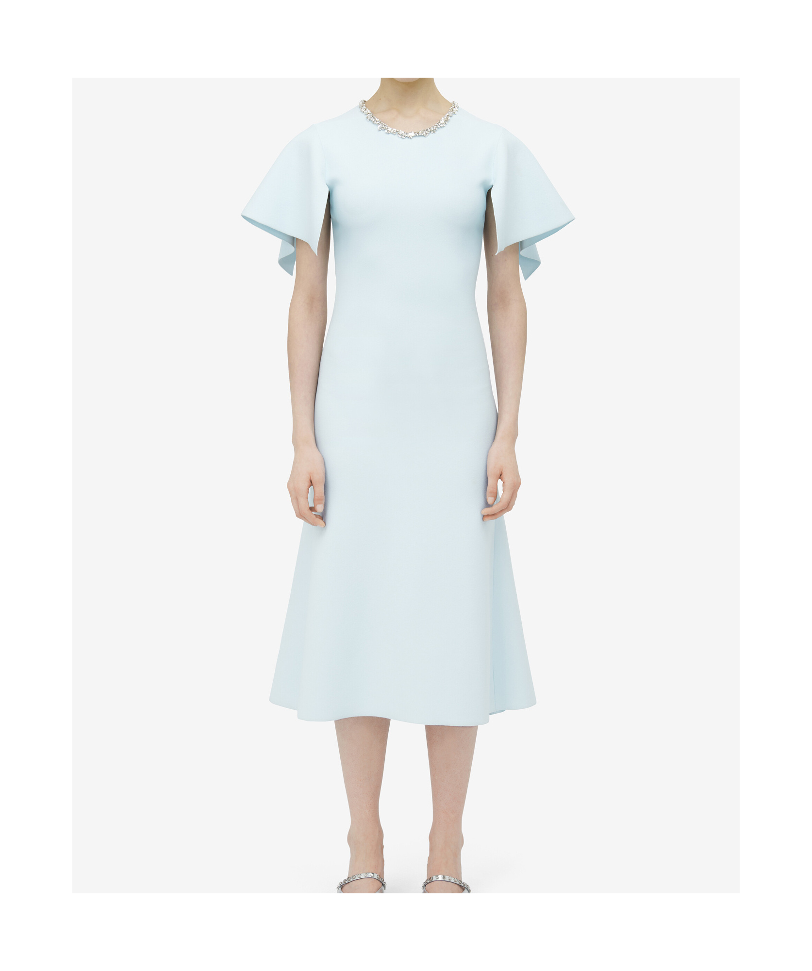 Alexander Mcqueen Crystal Neck Short-sleeve Knit Midi Dress In Blue