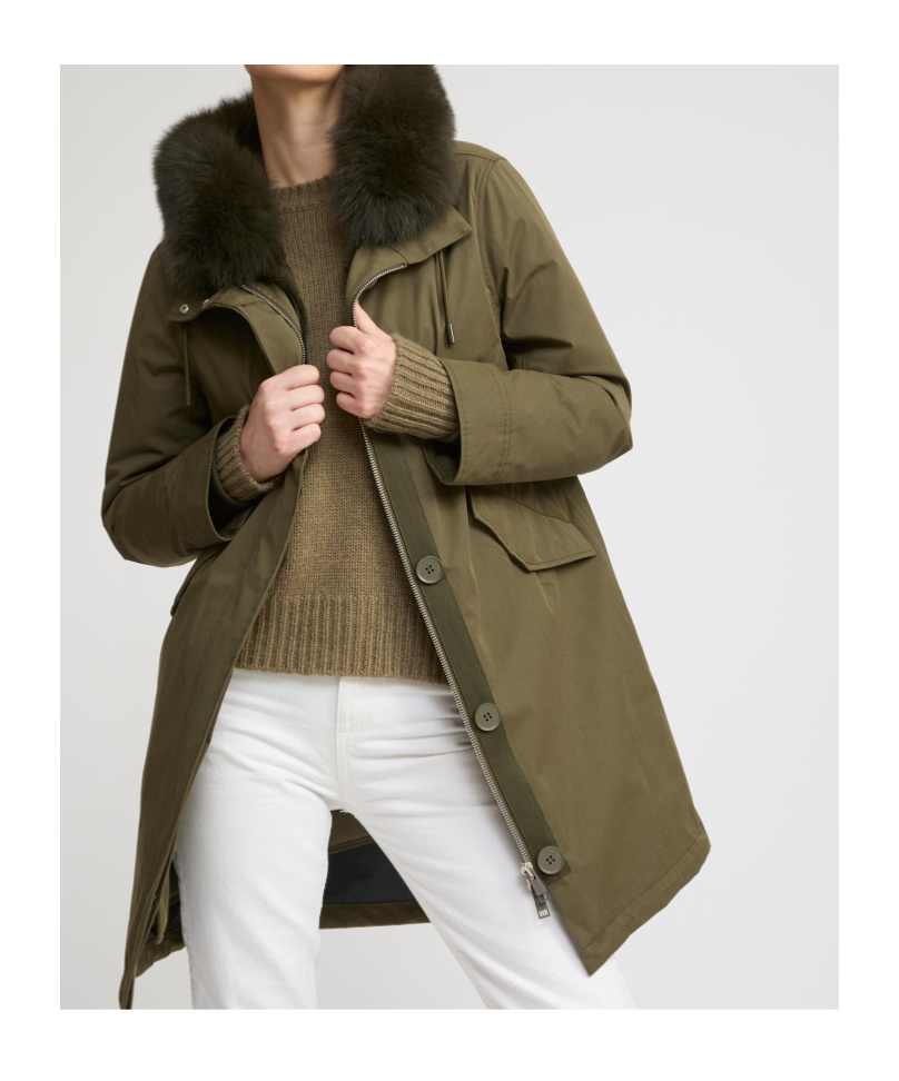 Yves Salomon Long Iconic Parka In Waterproof Cotton Blend With Fox And Rabbit Fur In Green