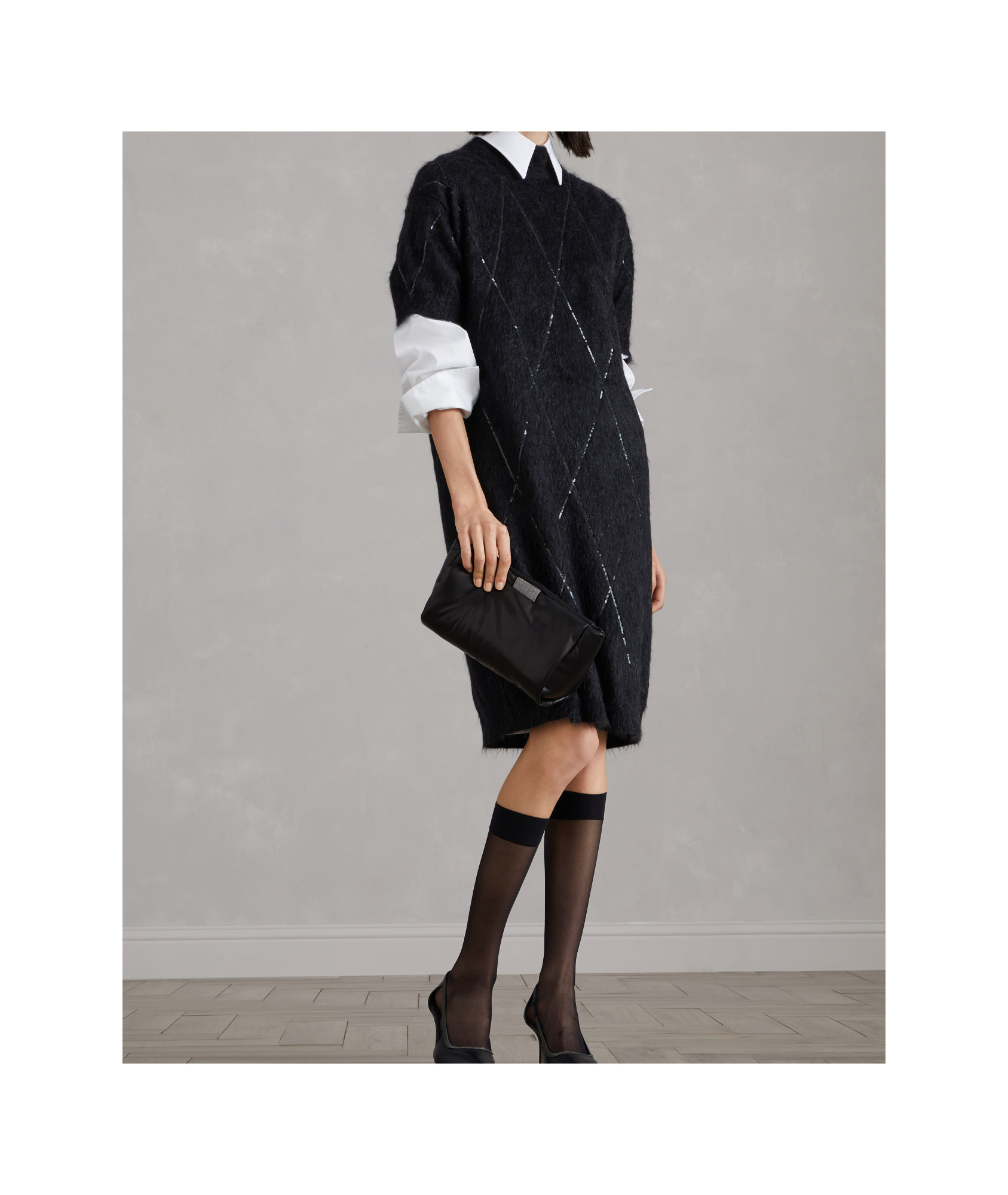 Brunello Cucinelli Black Sequin Mock Neck Dress In Black