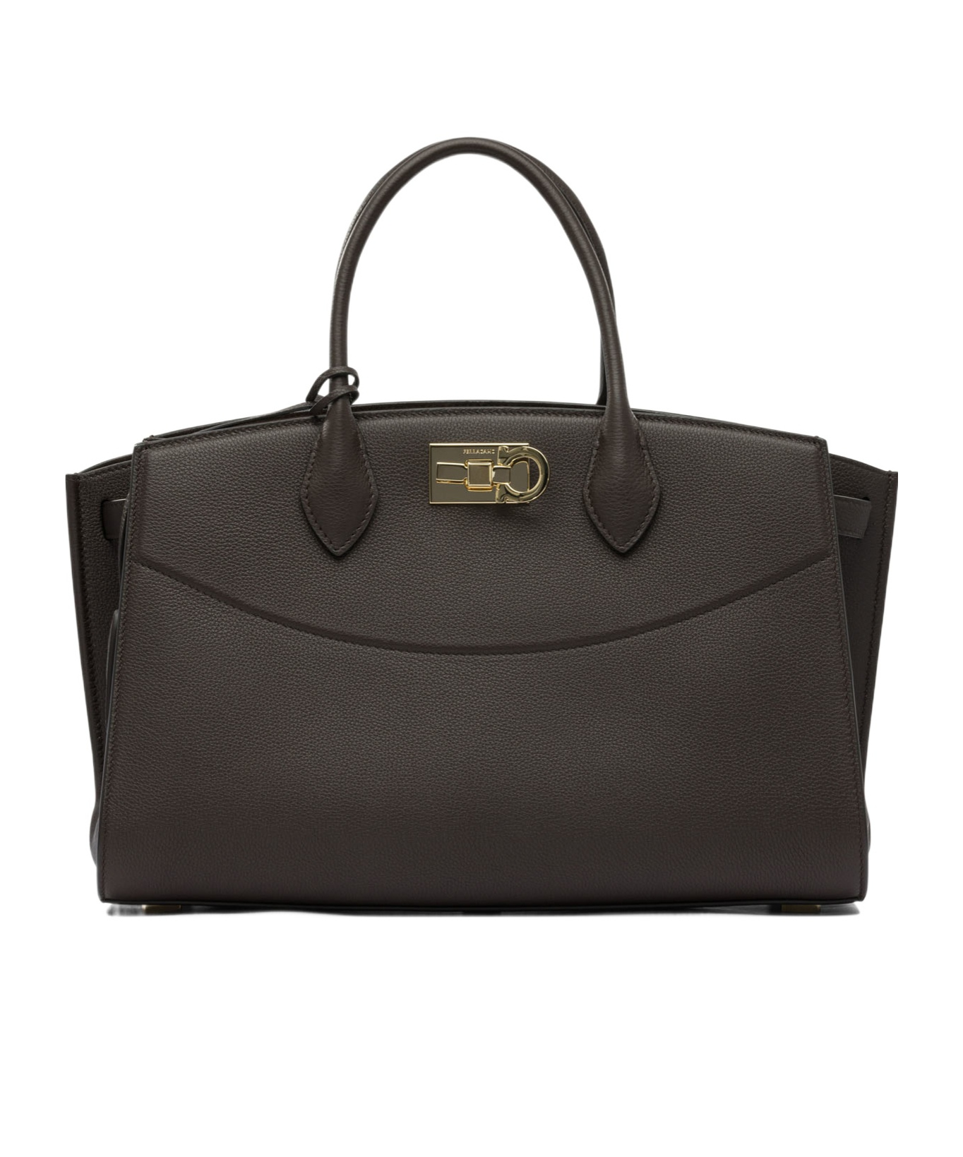 Ferragamo Structured Brown Calf Goat Leather Handbag In Brown