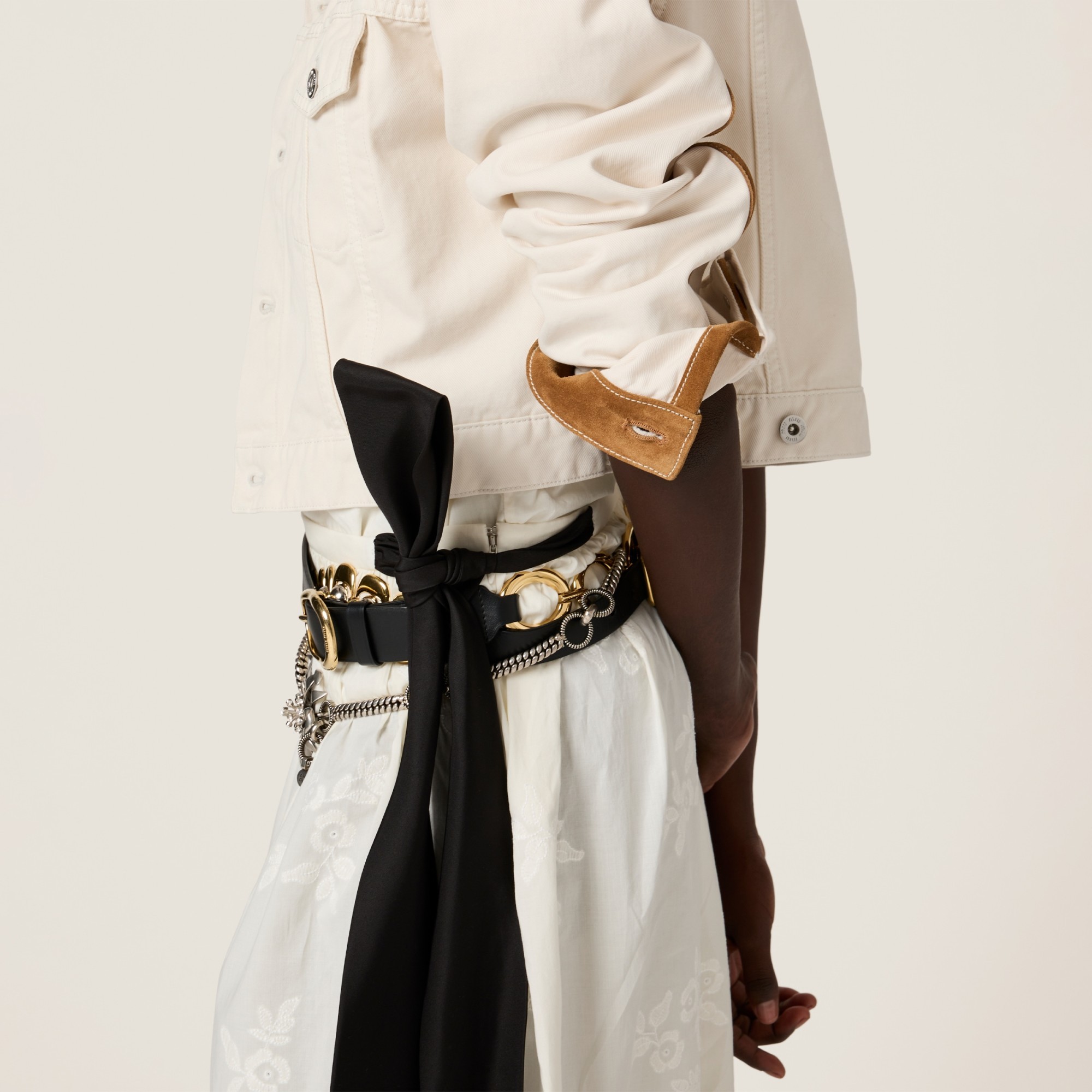 Shop Miu Miu Denim And Leather Blouson Jacket