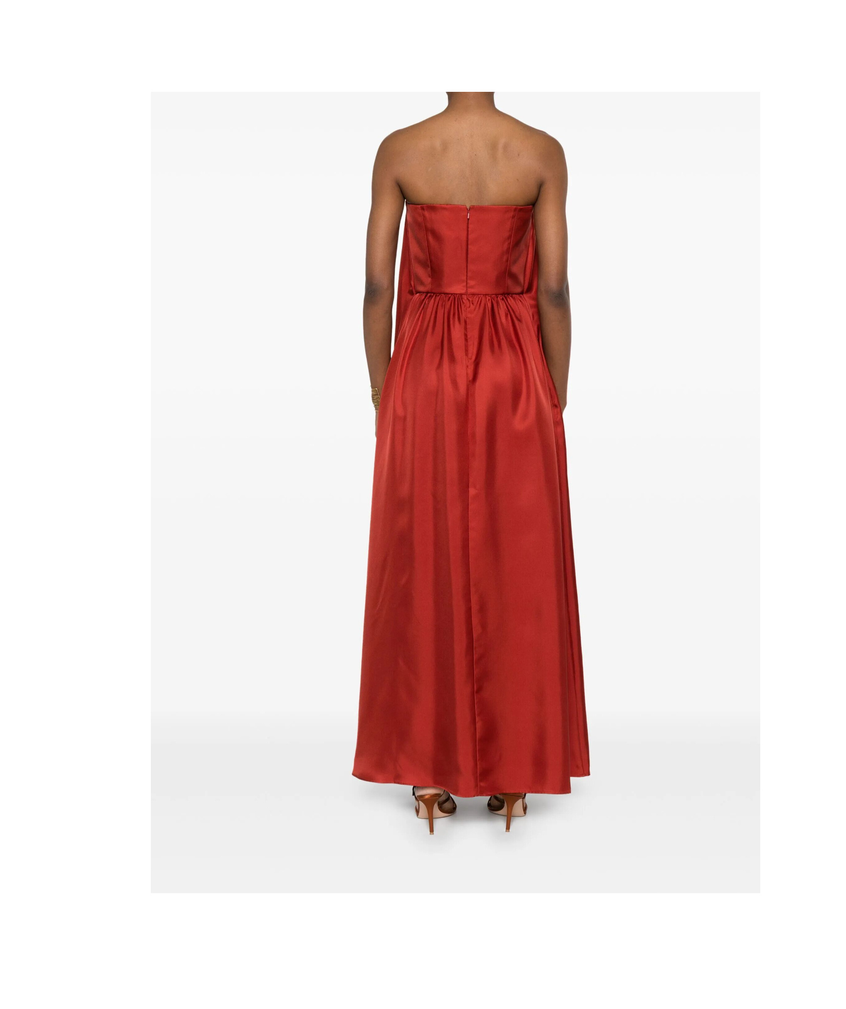 Max Mara Strapless Satin Floor-length Dress With Gathered Neckline In Red