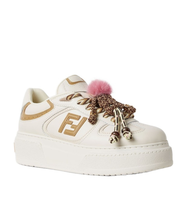 Fendi Low Top Platform Shoes In White Leather With Charm In Neutral