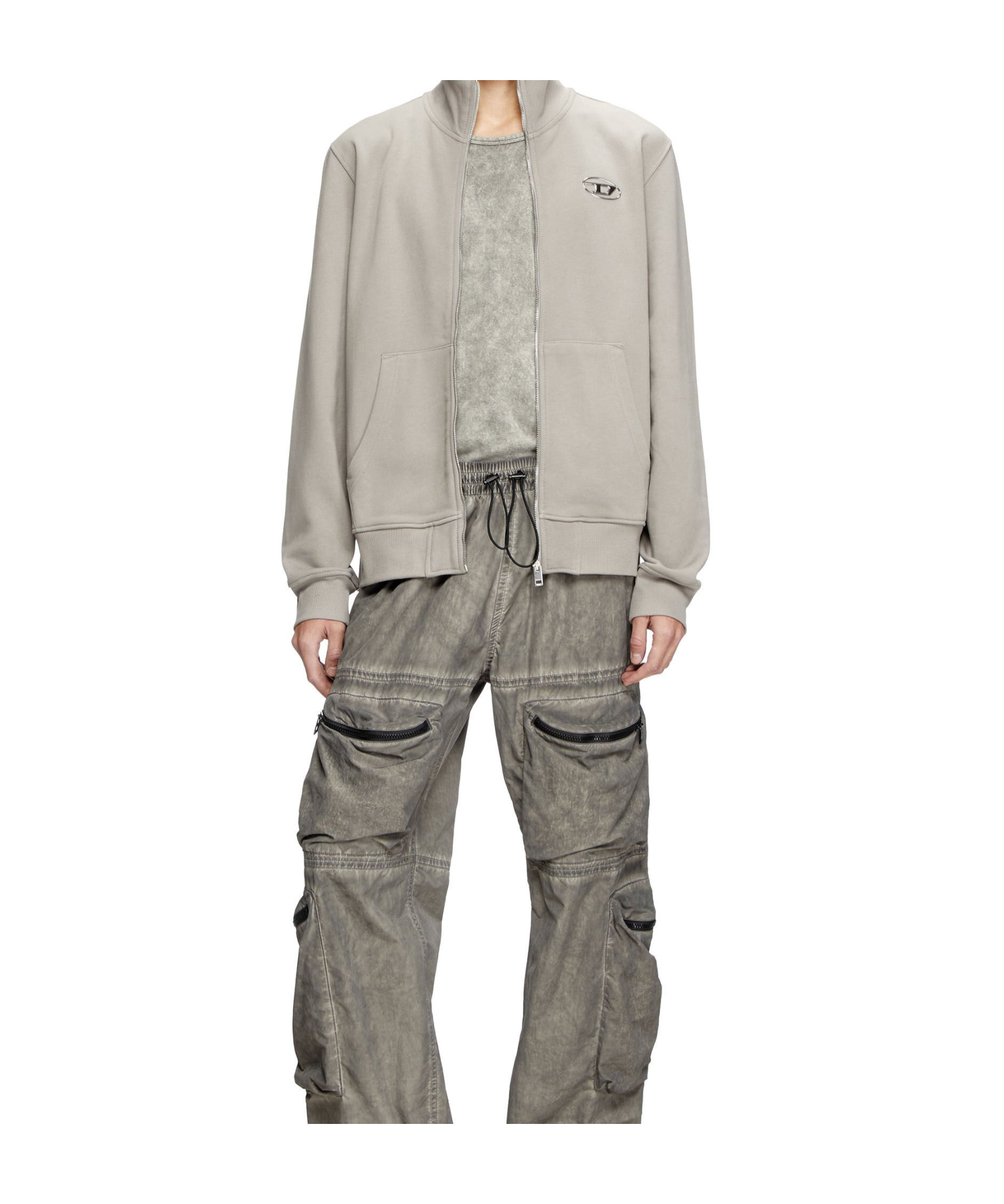 Diesel Zip-up Sweatshirt With Metallic Logo In Light Gray