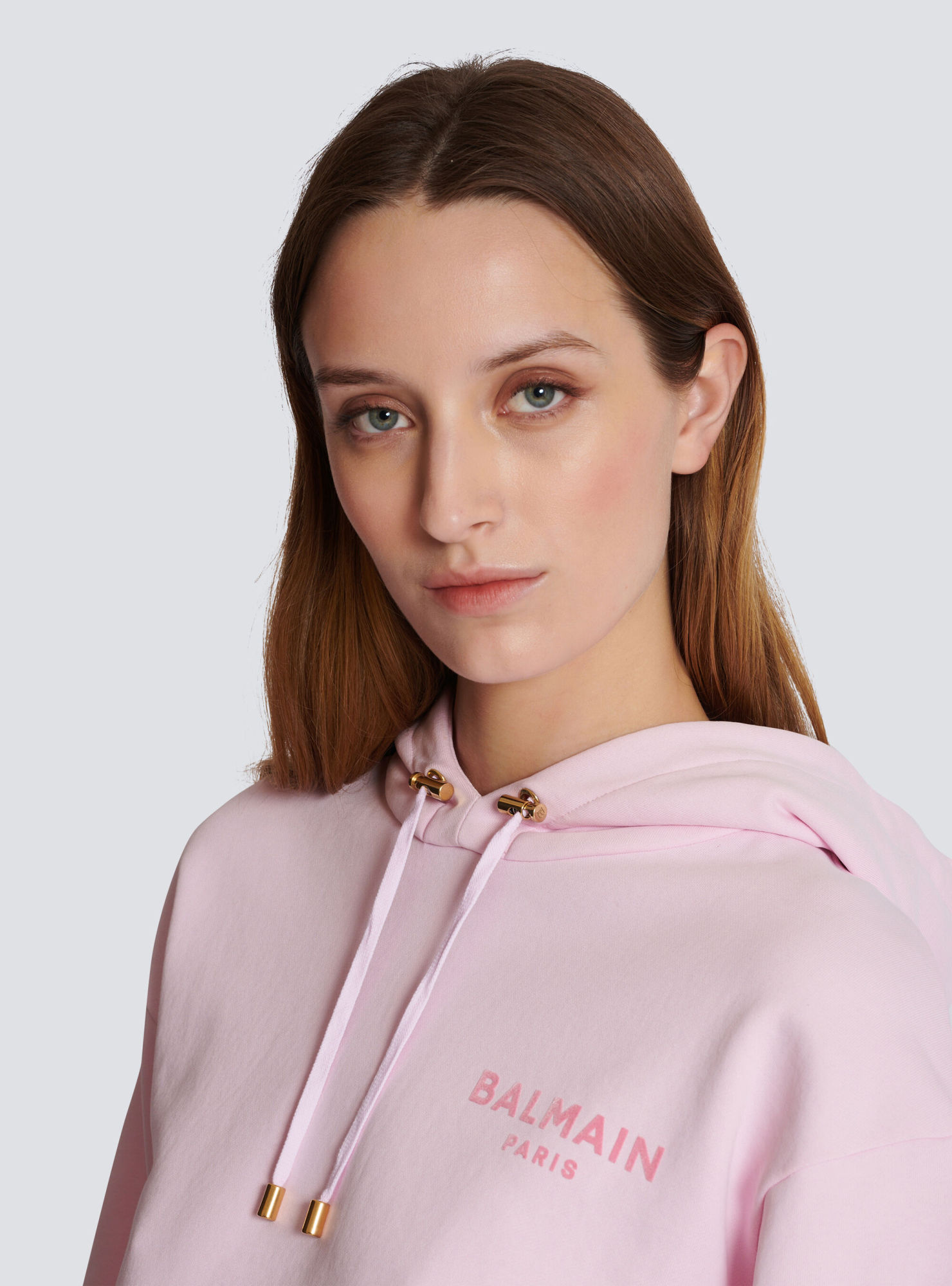 Balmain Flocked Logo Cropped Organic Cotton Hoodie In Pink
