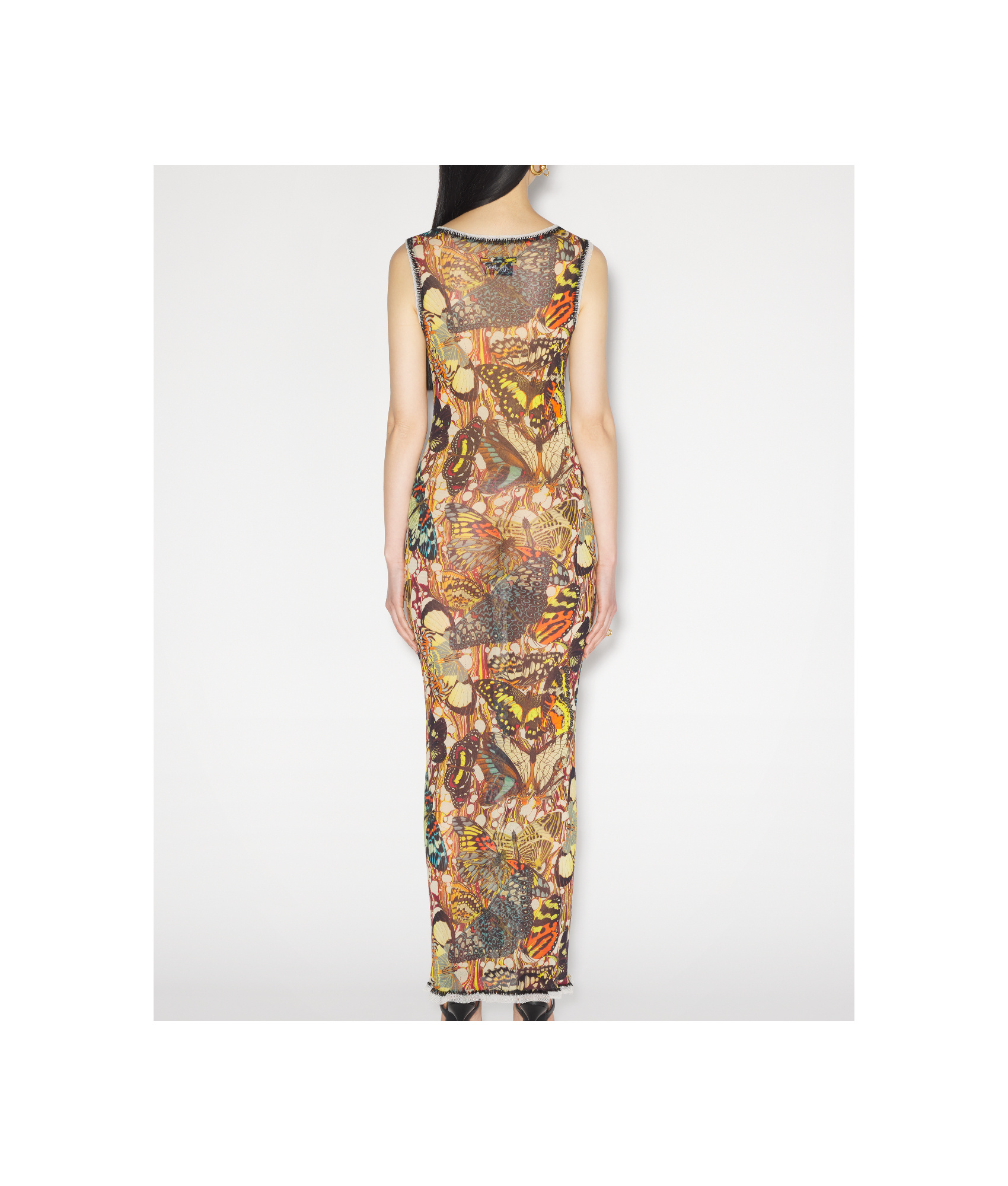 Jean Paul Gaultier Printed Lace-trimmed Mesh Maxi Dress In Multicolor