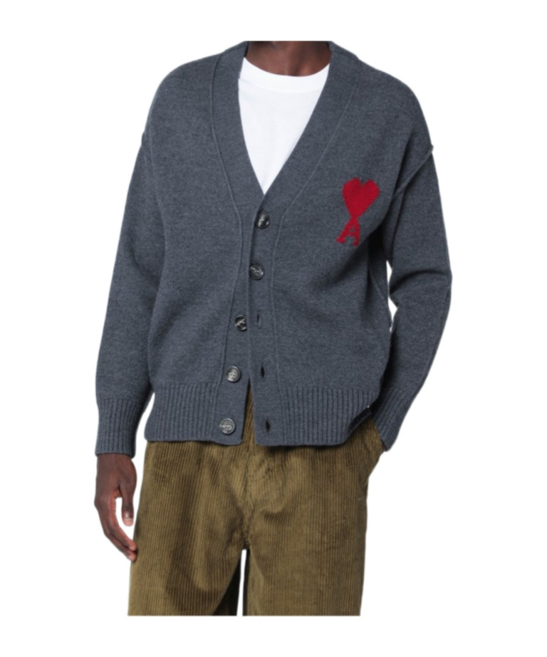 Ami Alexandre Mattiussi Dark Grey Wool Cardigan With Embroidered Heart Detail In Blue