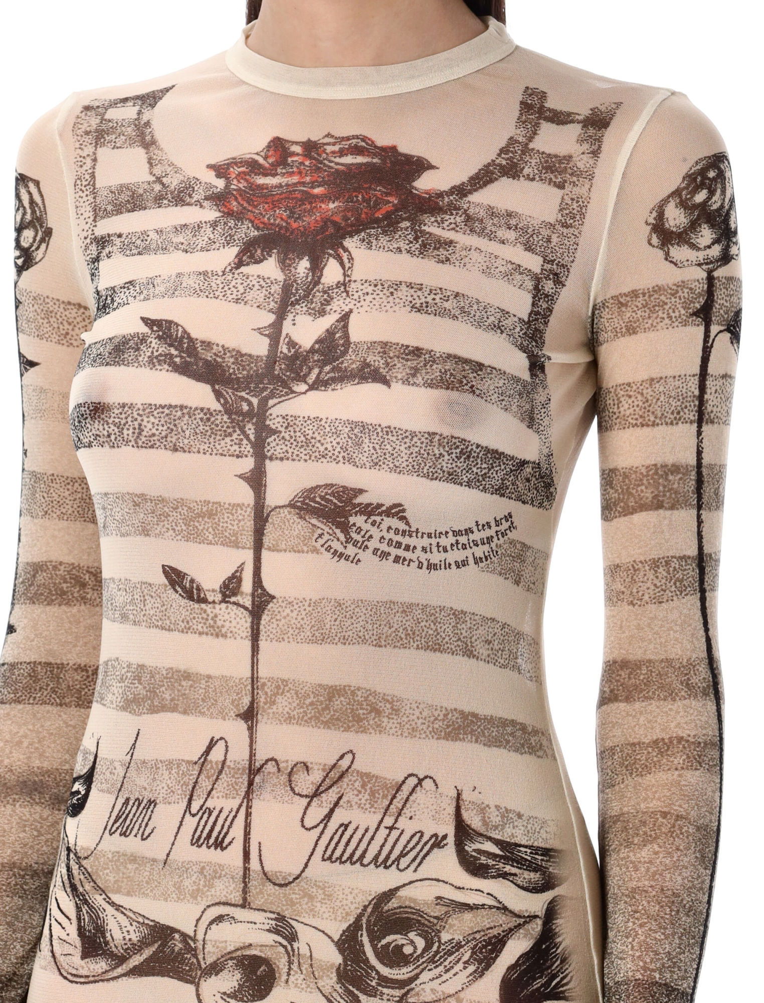 Jean Paul Gaultier Mesh Tattoo Striped Long Dress In Nude