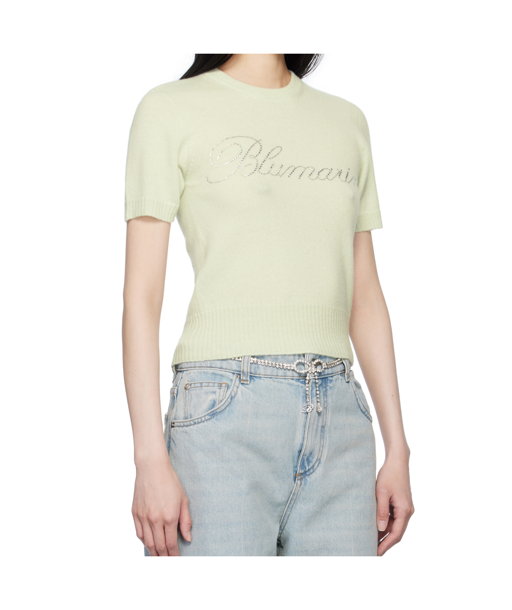 Blumarine Green Cashmere Cropped Sweater In White
