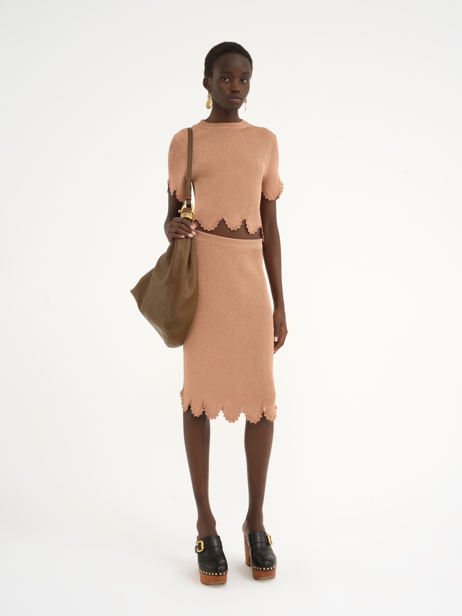 Chloé Rib Knitted Wool Scallop Skirt In Nude