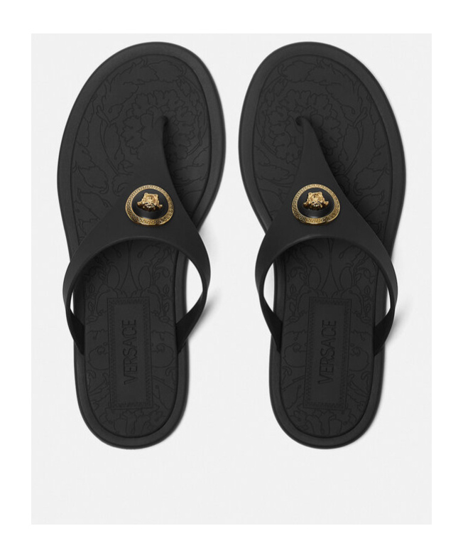 Versace Flat Sole Open Toe Sandals With Medusa Motif In Black