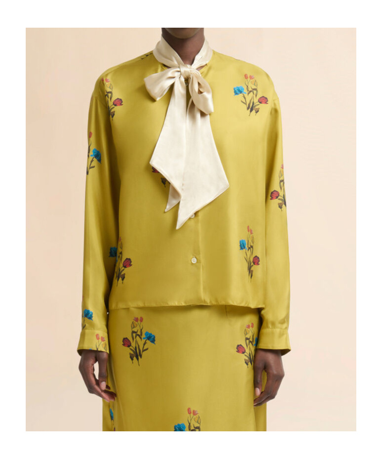 Marni Yellow Silk Twill Shirt With Tulip Print In Gold