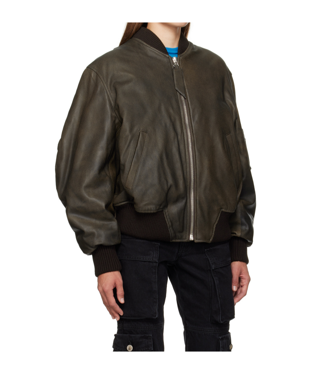 Attico Pilot Leather Jacket With Stand-neck Collar In Black